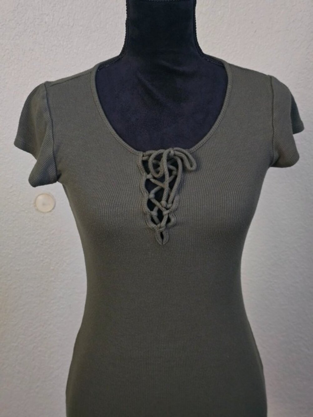 Wet Seal Olive Ribbed Lace-Up Scoop Mini Dress